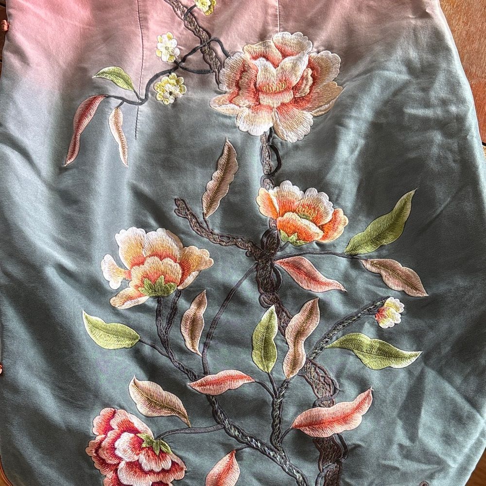Vintage Embroidered Ombre Mandarin Dress - salmon to slate blue - Picture 4 of 7